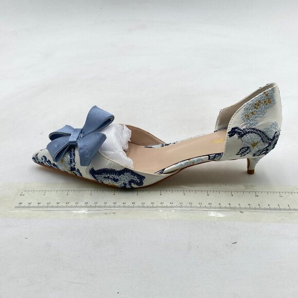 XYD Blue Bloom Embroidery D\'Orsay Kitten Heel Bridal Bowknot Pump Point Toe Shoe